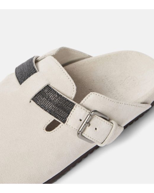 Brunello Cucinelli White Embellished Suede Mules