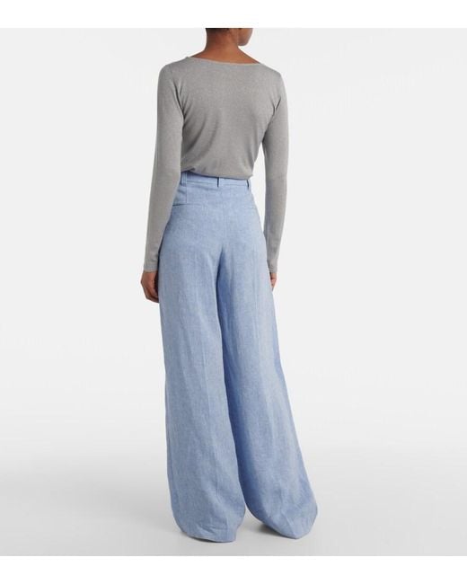 Brunello Cucinelli Blue High-Rise Linen-Blend Wide-Leg Pants