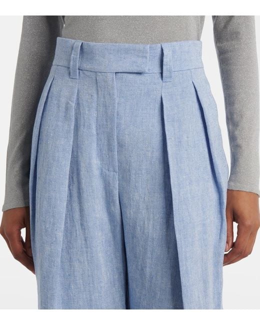 Brunello Cucinelli Blue High-Rise Linen-Blend Wide-Leg Pants