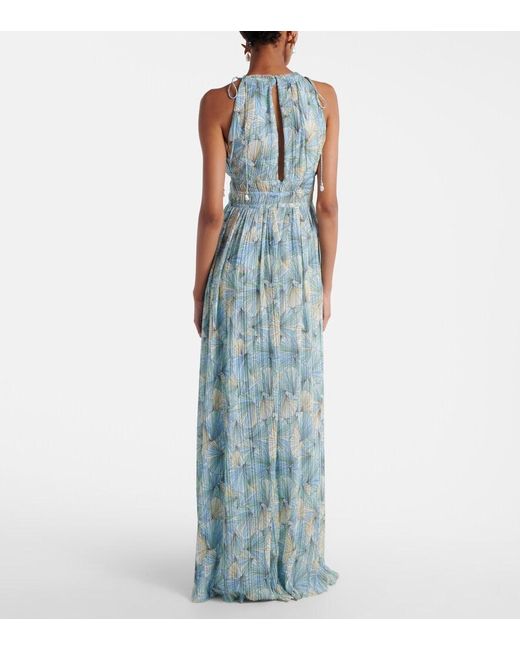 Veronica Beard Blue Yardley Floral Pleated Chiffon Gown