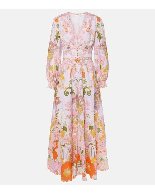 Vestido largo de lino floral adornado Camilla de color Pink