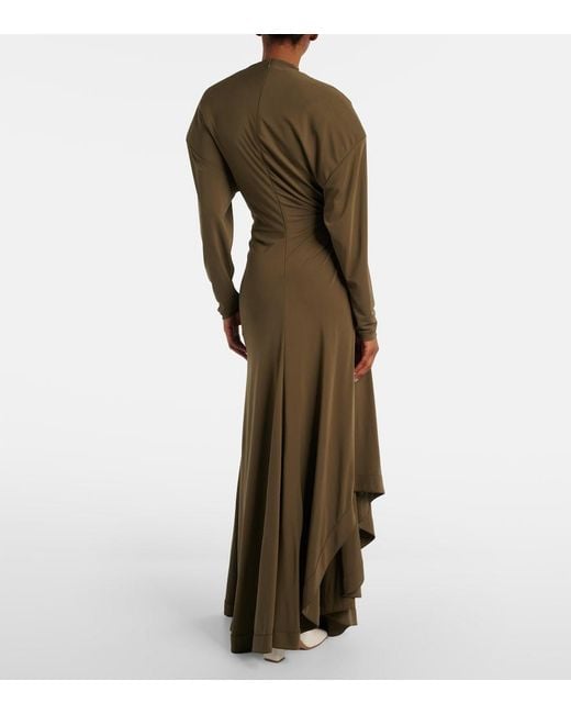 Bottega Veneta Green Gathered Crepe Jersey Maxi Dress