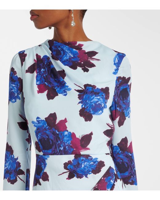 Erdem Blue Draped Floral Crepe Midi Dress