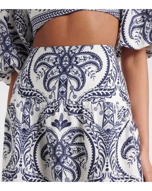Farm Rio Blue Tropical Cameo Printed Linen Midi Skirt