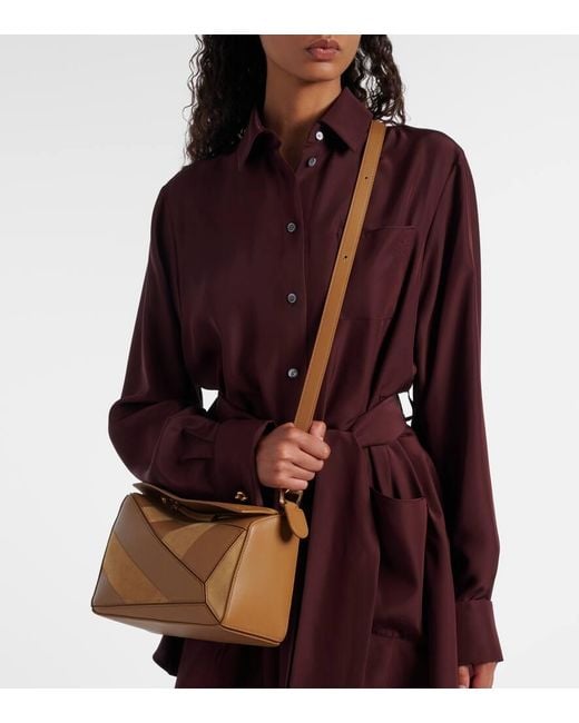Loewe Brown Puzzle Small Leather And Suede Tote Bag