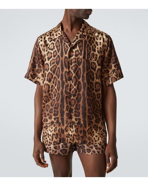 Dolce & Gabbana Brown Bowling Shirt With Cuban Collar And All-Over Leopard Print for men