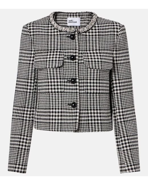 Giacca Cropped Pied-De-Poule Con Cristalli di Self-Portrait in Black