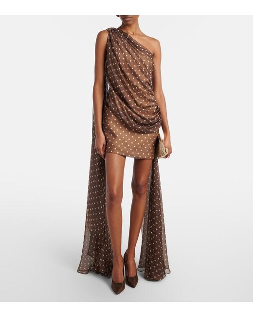 Elie Saab Brown Caped One-Shoulder Polka-Dot Silk-Blend Minidress