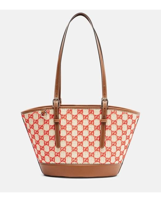 Gucci Red Gg Small Raffia-Effect Tote Bag