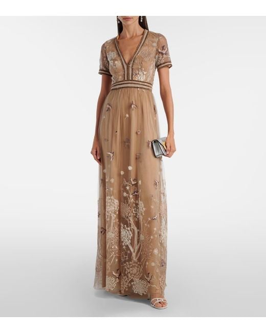 Costarellos Natural Embroidered Tulle Gown