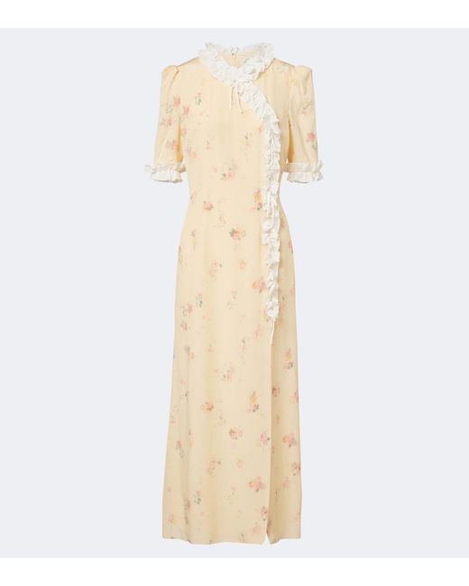 Alessandra Rich Natural Floral Ruffled Silk Midi Dress