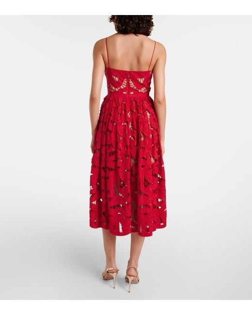 Self-Portrait Red Bow Lace Linen And Cotton Midi Dress