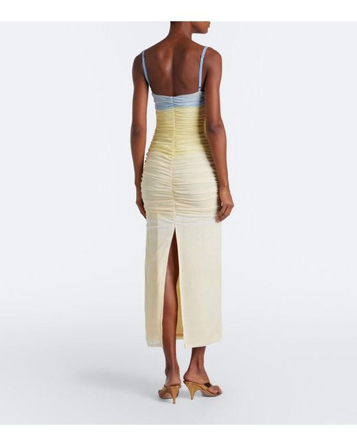 Sir White Printed Ruched Mesh Maxi Dress