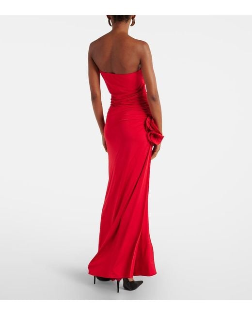 Magda Butrym Red Floral-Applique Ruched Jersey Maxi Dress