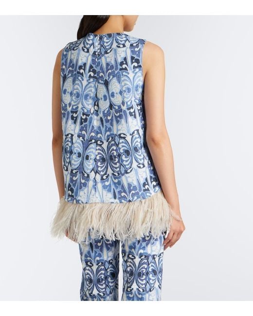 LaDoubleJ Blue La Scala Feather-Trimmed Cotton Top