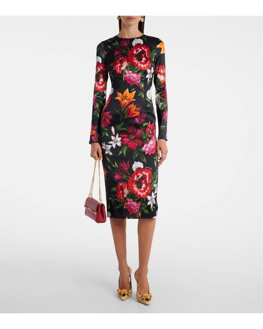 Abito Midi Con Stampa Floreale di Dolce & Gabbana in Red