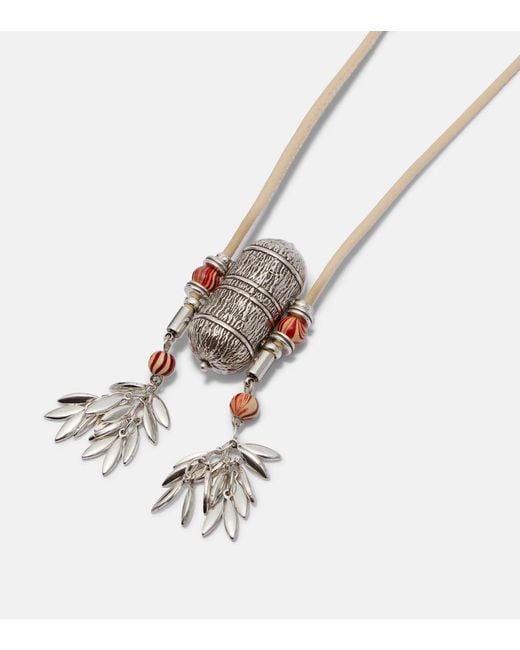 Isabel Marant White Janis Beaded Leather-Trimmed Pendant Necklace