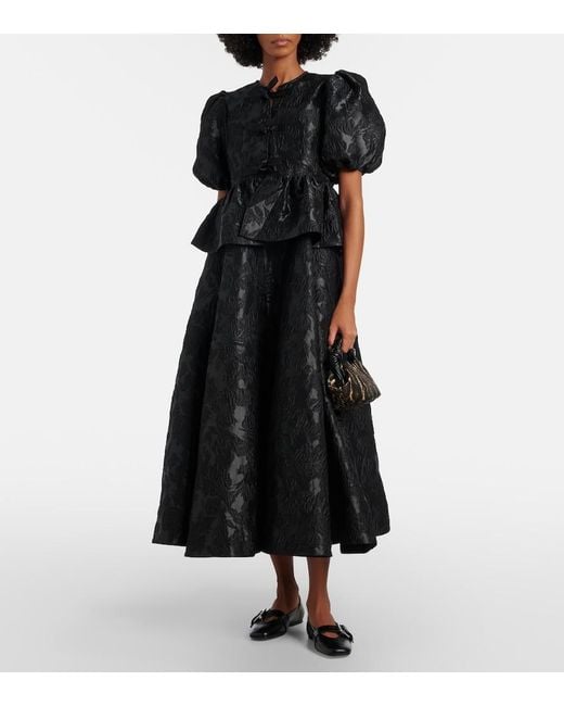 Ganni Black Bow-Detail Floral Peplum Satin Blouse