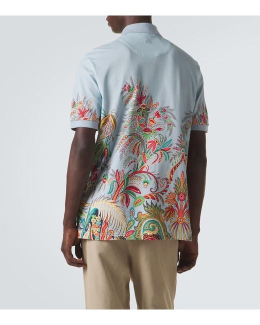 Etro Blue Printed Cotton Pique Polo Shirt for men