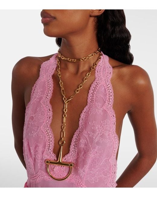 Gucci Pink Lace-Trimmed Silk Satin Midi Dress