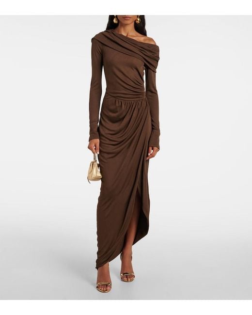 Oscar de la Renta Brown Off-Shoulder Jersey Gown