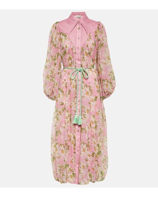 ALÉMAIS Pink Silk Floral Midi Dress
