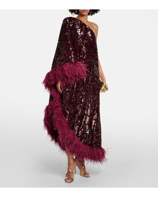 Roland Mouret Red Feather-Trimmed Sequined Midi Dress