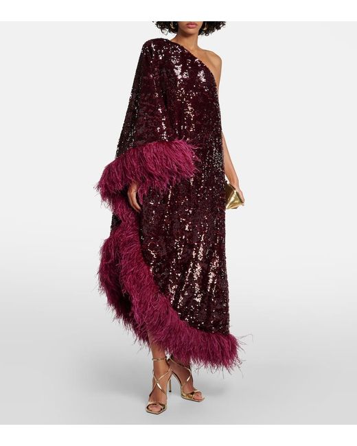 Roland Mouret Red Feather-trimmed Sequined Midi Dress