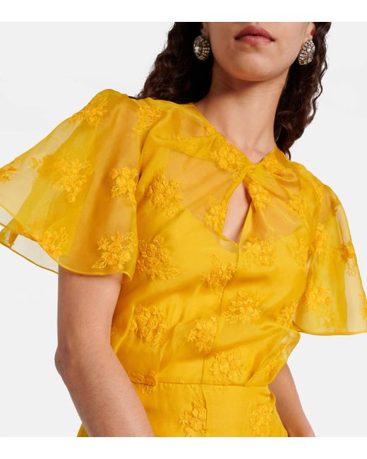 Erdem Yellow Embroidered Silk Organza Midi Dress