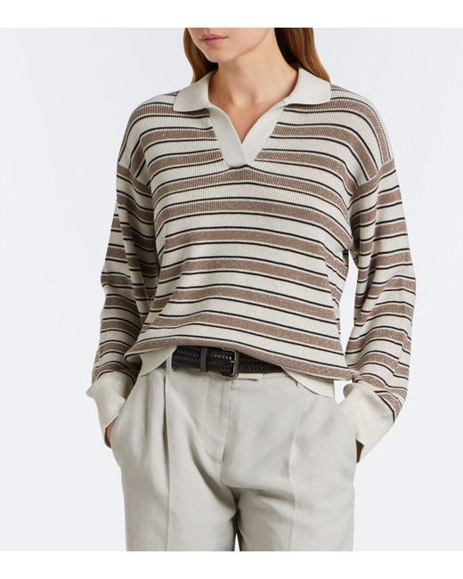 Brunello Cucinelli Gray Striped Cotton-Blend Polo Sweater