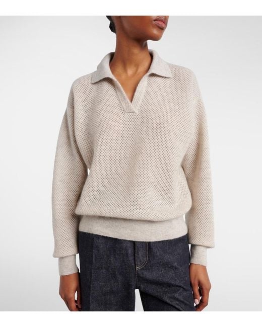 Brunello Cucinelli White Open-Knit Polo Sweater