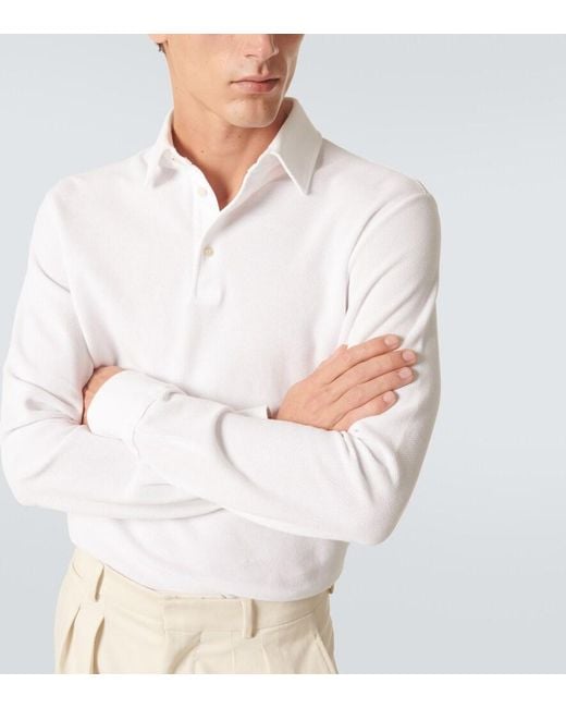 Loro Piana White Cotton Long-Sleeved Polo Sweater for men