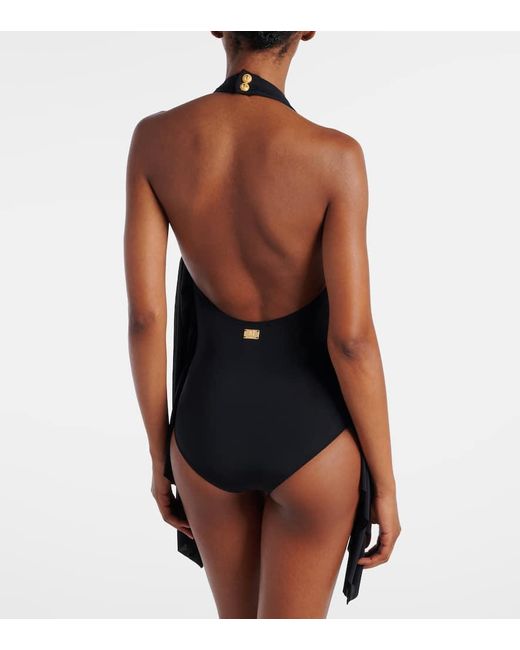Banador Drapeado Con Escote Halter Balmain de color Black