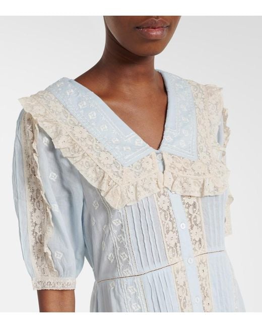 Rixo Blue Edina Embroidered Cotton Midi Dress