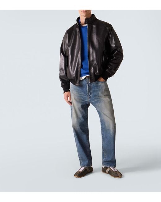 A.PRESSE Black Leather Bomber Jacket for men