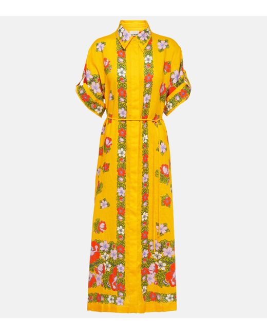 ALÉMAIS Yellow Belted Floral Linen Shirt Dress