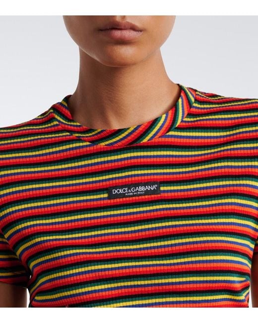 Dolce & Gabbana Red Cropped Striped Cotton T-Shirt