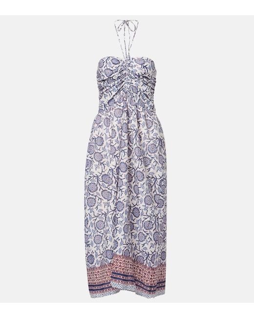 Velvet Purple Floral Ruched Cotton Midi Dress