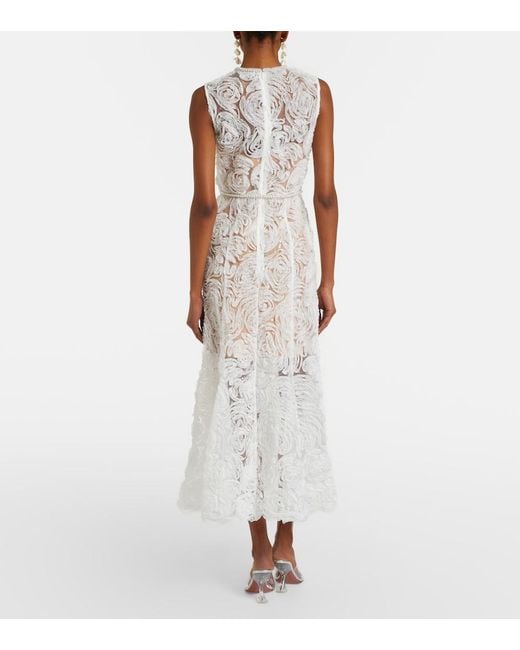 Self-Portrait White Embellished Lace-Trimmed Tulle Midi Dress