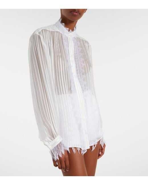 Chloé White Gathered Lace-Trimmed Silk Blouse
