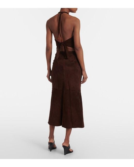 Johanna Ortiz Brown Mid-Rise Suede Midi Skirt