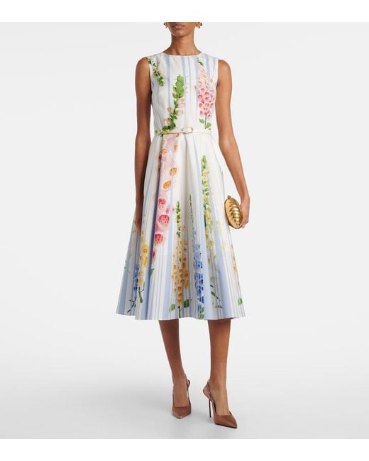 Oscar de la Renta Blue Floral Trompe L'Oil Cotton-Blend Midi Dress