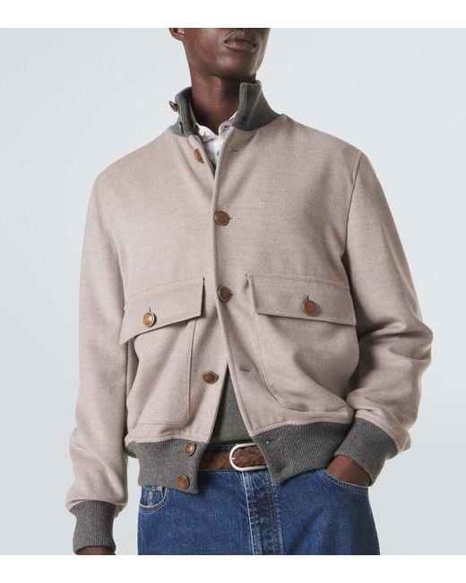 Brunello Cucinelli Gray Cashmere-Trimmed Wool Bomber Jacket for men