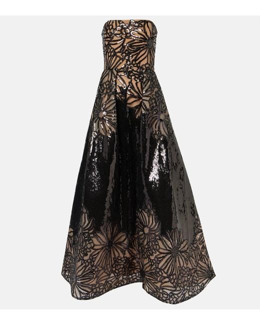 Abito Lungo Con Paillettes E Stampa di Elie Saab in Black