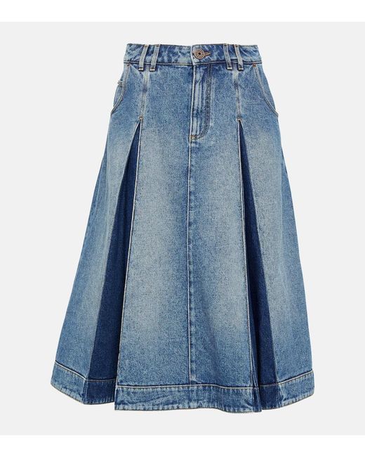 Balmain Blue Pleated A-line Denim Midi Skirt