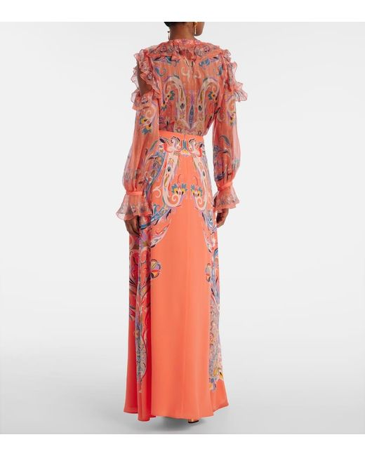 Etro Orange Paisley Silk Maxi Skirt