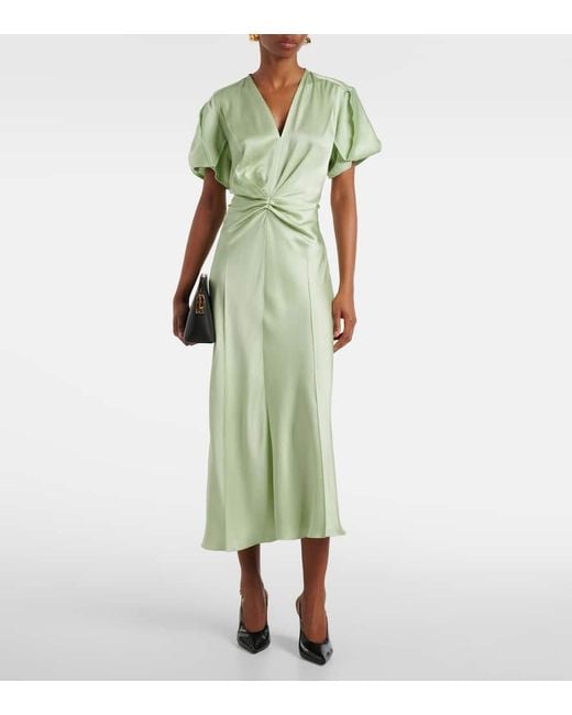 Victoria Beckham Green Gathered Crepe Satin Midi Dress