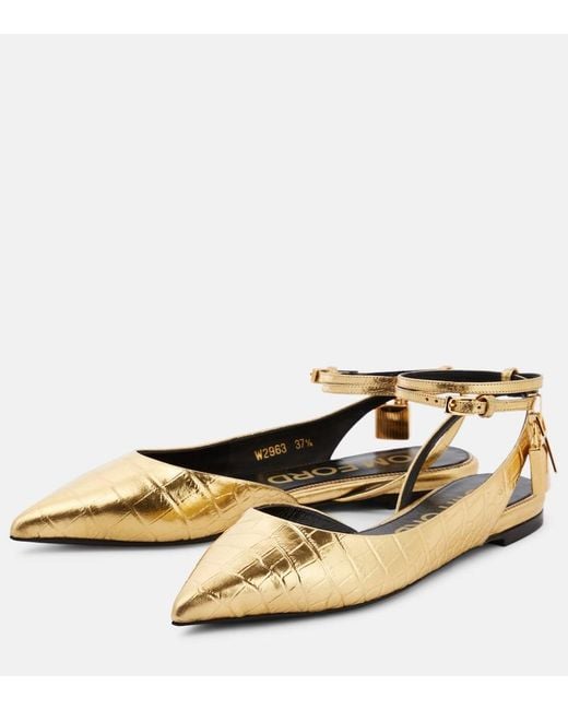 Tom Ford Metallic Padlock Croc-Effect Ballet Flats