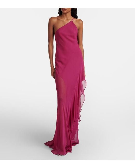 The Sei Pink One-Shoulder Ruffled Silk Gown