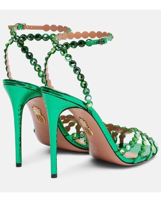 Aquazzura Green Tequila 105 Embellished Leather Sandals